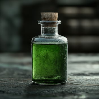 Mysterious green potion in vintage glass bottle photo