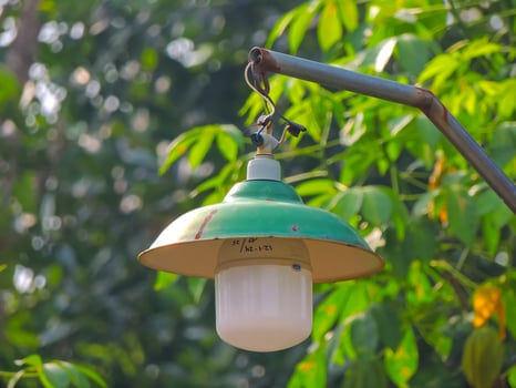 A green light hanging from a metal pole photo