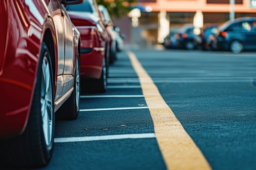 A row of cars parked in a lot. photo