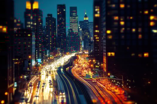 A night time aerial view of a city skyline with a highway in the foreground. photo
