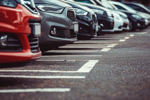 A row of parked cars in a parking lot with white lines. photo