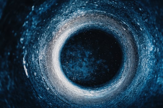 A swirling, blue and white vortex leading to a dark space filled with stars. photo