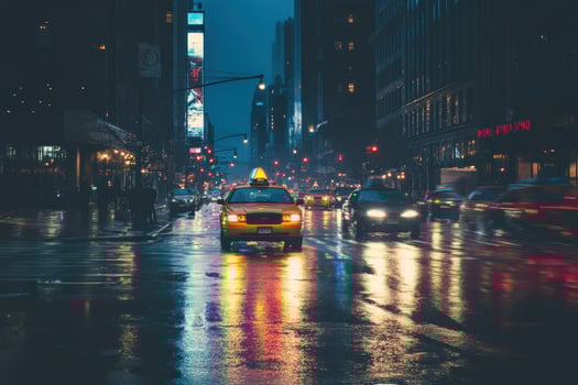 A yellow taxi drives through a rainy city street at night. photo