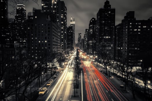 Cityscape of New York with street lights and traffic at night. photo