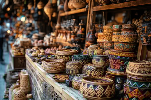 Colorful handcrafted bowls displayed on a market stall. photo