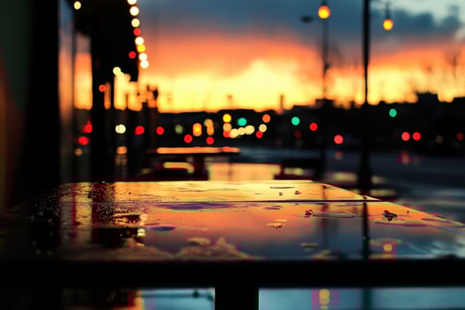 Wet table reflecting a vibrant sunset in an urban setting. photo