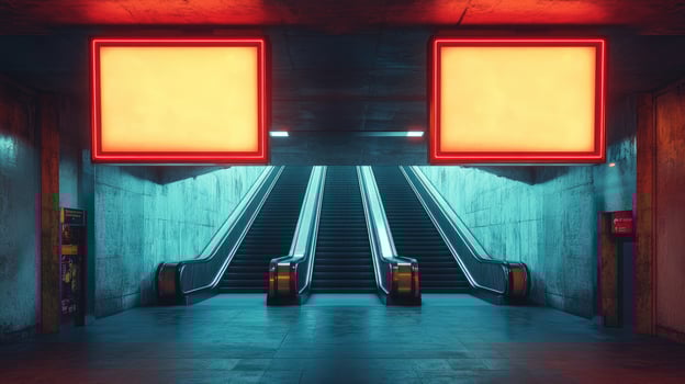 Empty subway station with escalators and blank billboards illuminated at night photo
