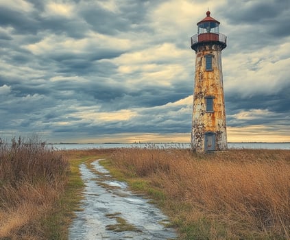 Lighthouse standing tall under dramatic cloudy sky photo