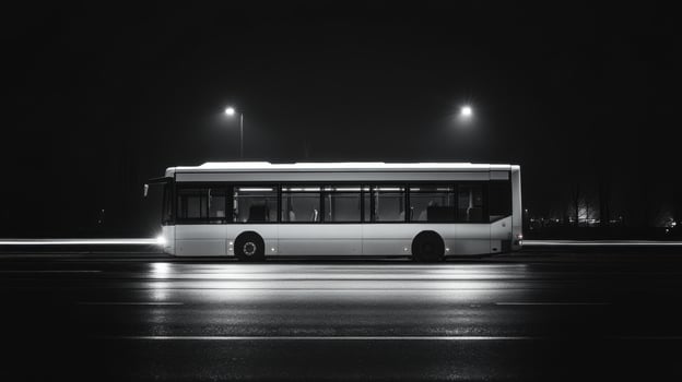 white bus stands still on dark road, illuminated by streetlights, creating striking contrast against night sky photo