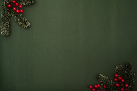 New Year's flatley. Christmas tree, cones, balls, on a solid green background. photo