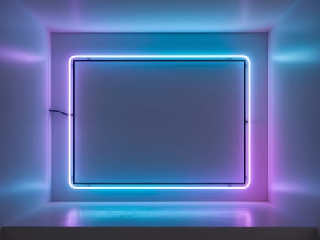 A neon square in a white room with blue and purple lights photo