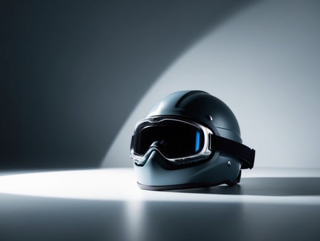 A helmet with goggles on a table photo