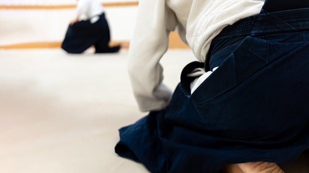 Practicing aikido martial art on a tatami. photo