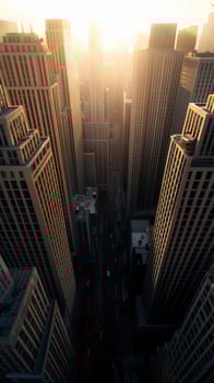 Sunset over towering skyscrapers in a bustling urban landscape photo
