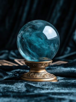Mystical crystal ball on dark fabric photo