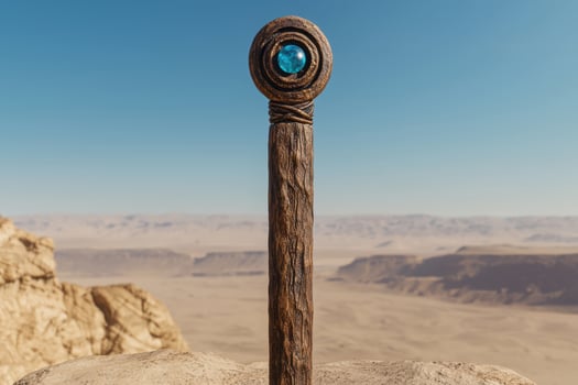 Mystical desert obelisk with glowing blue orb photo