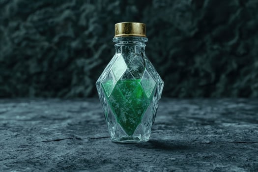 Mysterious green potion in a glass bottle photo