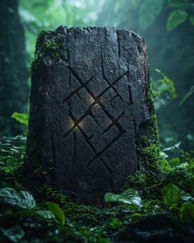 Mysterious rune stone in lush forest photo