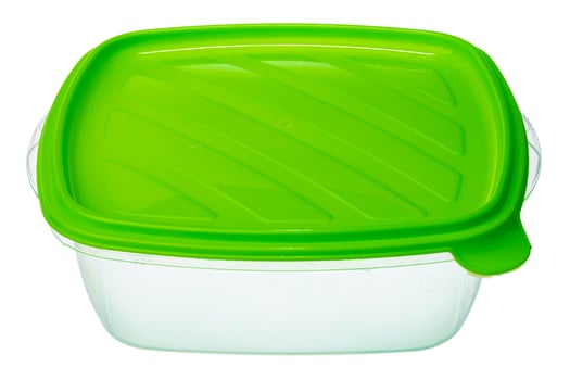 Empty plastic storage jar isolated on white photo