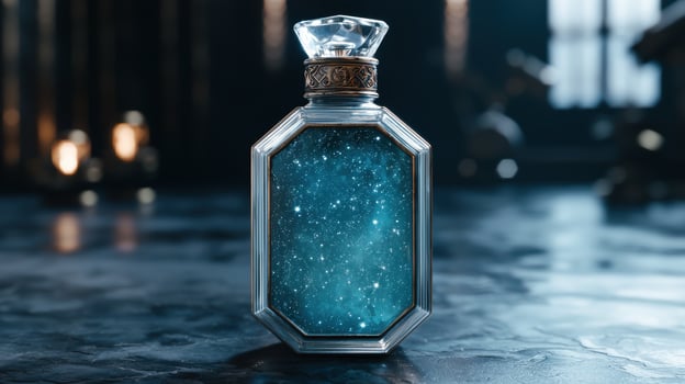 Sparkling glass perfume bottle on water surface photo