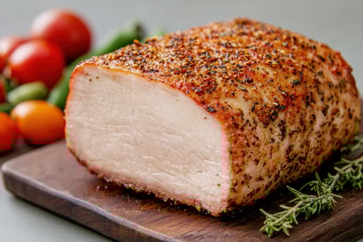 Juicy roasted pork tenderloin with herbs and vegetables photo