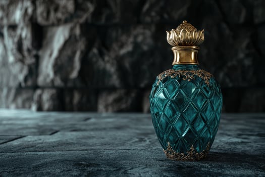 Ornate glass perfume bottle with golden accents photo