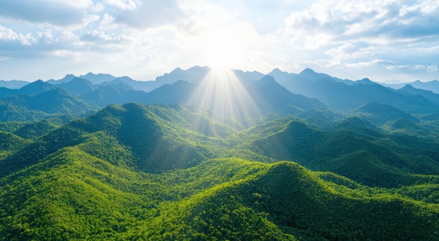 Majestic mountain landscape with sun rays photo