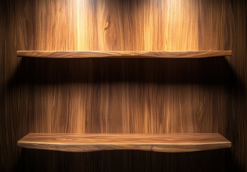 Wooden shelves on a wooden wall photo