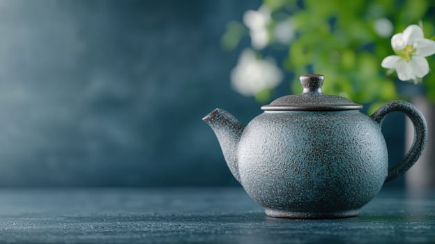 Rustic ceramic teapot on a dark background with blurred floral elements photo