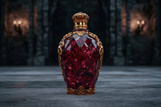 Ornate perfume bottle with ruby colored crystal photo