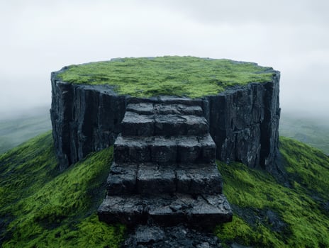 mystical stone platform in misty green landscape photo