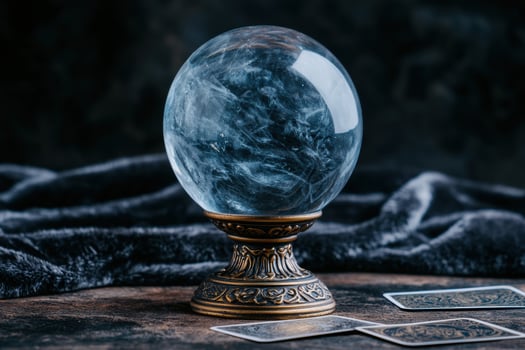Mystical crystal ball on dark background with tarot cards photo