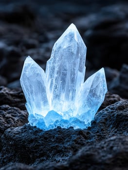 Glowing crystal formation on dark rocks photo