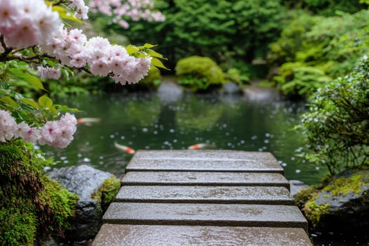 Serene Japanese garden with cherry blossoms photo
