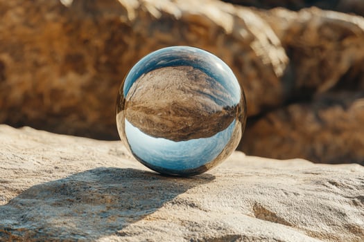 Reflection of the world in a glass sphere on a rocky surface photo