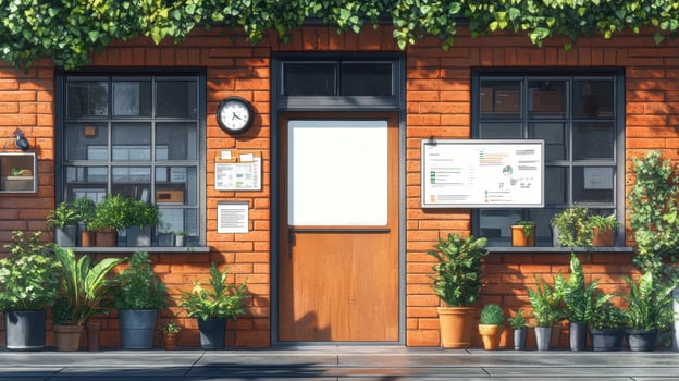 vibrant office entrance featuring wooden door, large windows, and lush greenery. Potted plants adorn space, creating welcoming atmosphere photo