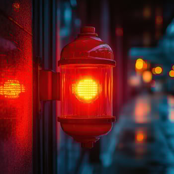 Emergency lamp shining brightly in red, illuminating surroundings with sense of urgency and alertness. vibrant light reflects off wet surfaces, creating dramatic atmosphere photo