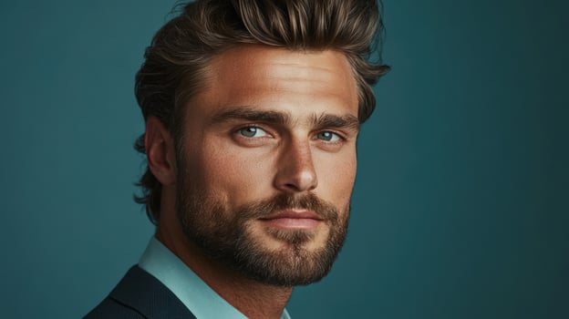 Handsome man with striking blue eyes poses against a blue backdrop photo