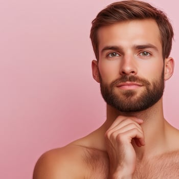 Young man with beard poses thoughtfully against a pink background photo