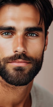 Close-up portrait of a young man with striking blue eyes and a beard photo