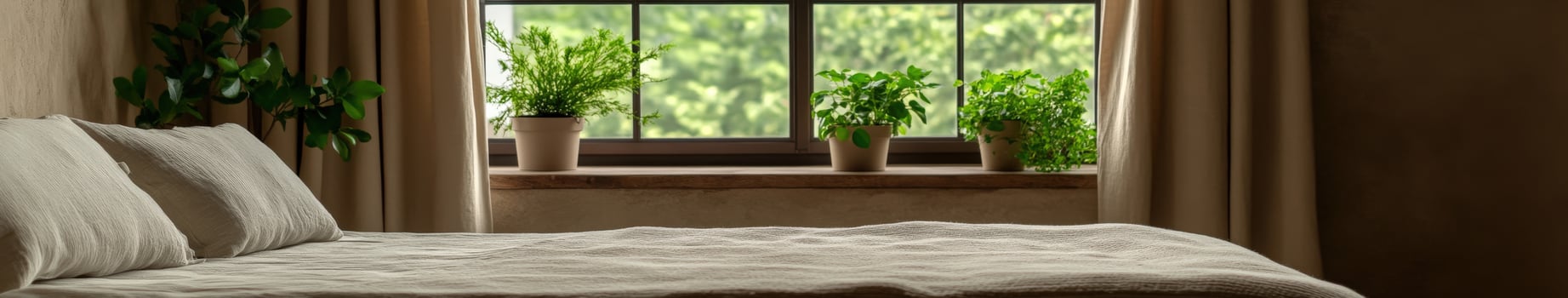 Cozy bedroom with plant-filled windowsill in natural light photo