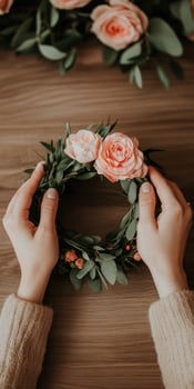 Crafting a floral crown with pink roses and greenery at home photo