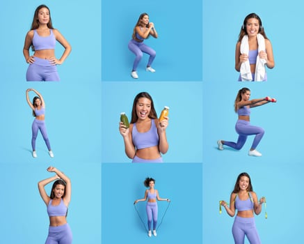 A woman showcases different fitness activities, including squats and stretches, while smiling confidently. She holds weights and a towel, exhibiting a vibrant workout atmosphere. photo