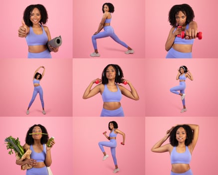 African American woman performs various fitness exercises, including stretching, lifting weights, and showcasing healthy foods photo