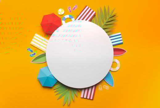 Summer vacation concept. Composition of beach accessories on yellow background with round white blank space, paper photo