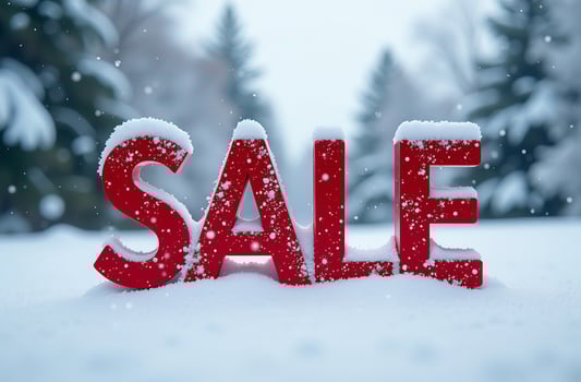 Christmas Sale Poster in snowy forest, nice New Year Gift Certificate photo