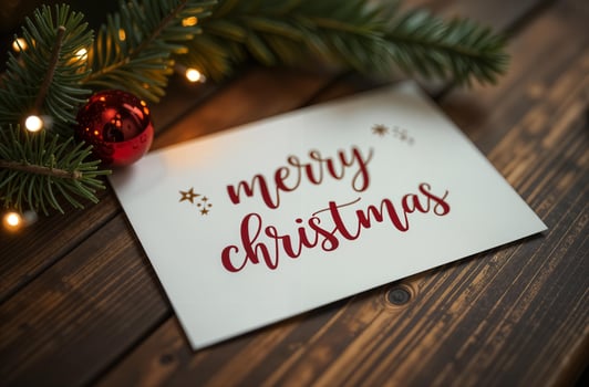 Merry Christmas Greeting Card sightly wooden Background, New Year Greeting photo