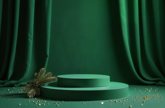 Product sightly Presentation Podium. Background Green Drapery and Christmas Tree, New Year Stand, Space for goods photo