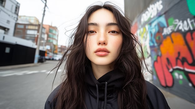 cool young asian woman posing near graffiti wall in urban setting photo