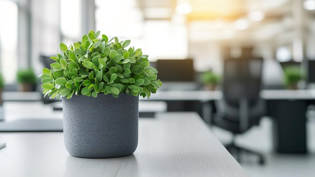 Cozy workspace corner with upcycled furniture, potted plants, natural lighting, eco-conscious office design photo